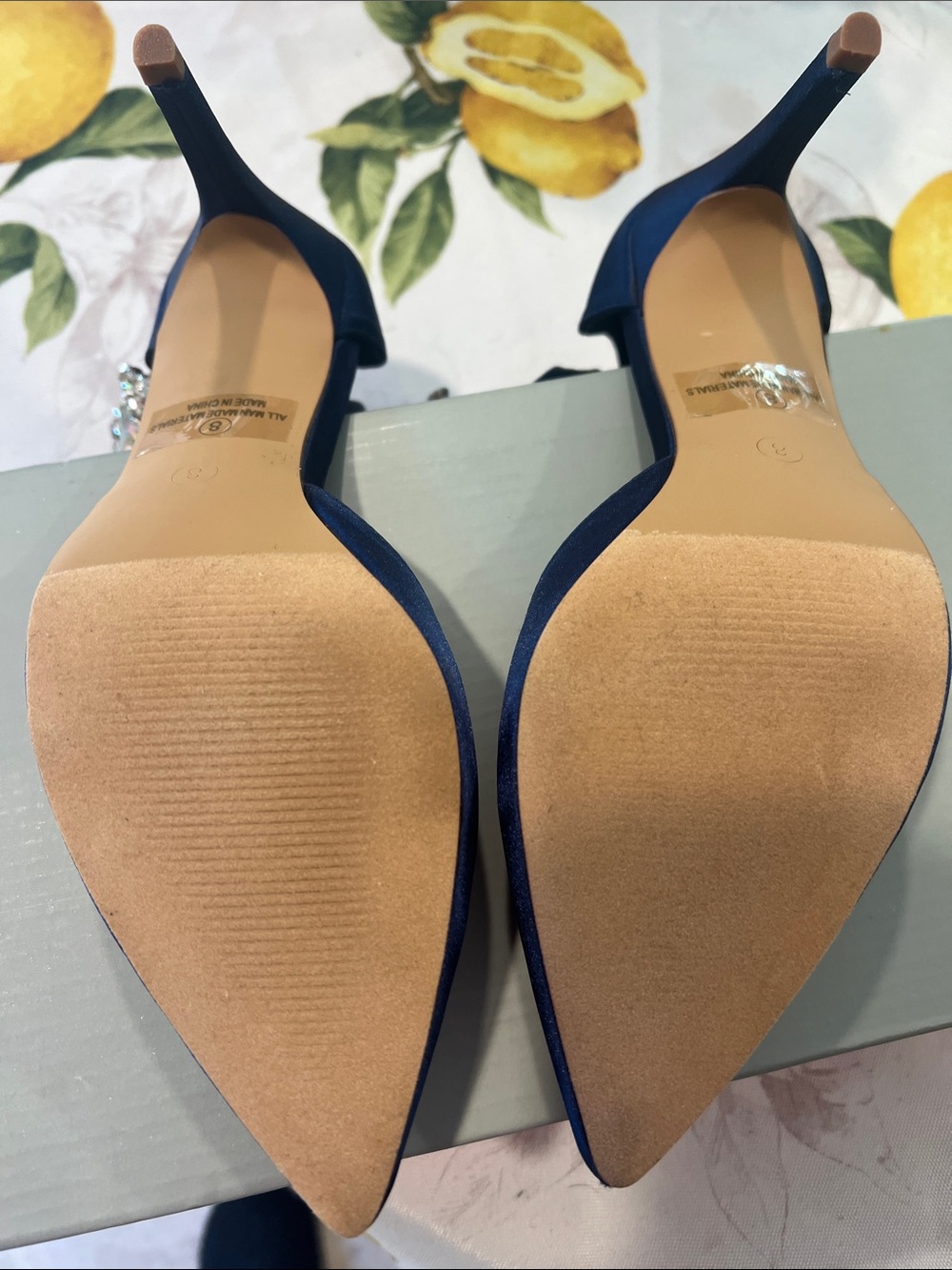 New, Navy Pointed-Toe Ankle-Strap Stiletto Heels with Crystal Accent - Picture 9 of 10